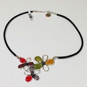 Flower colorful pendant black cord necklace